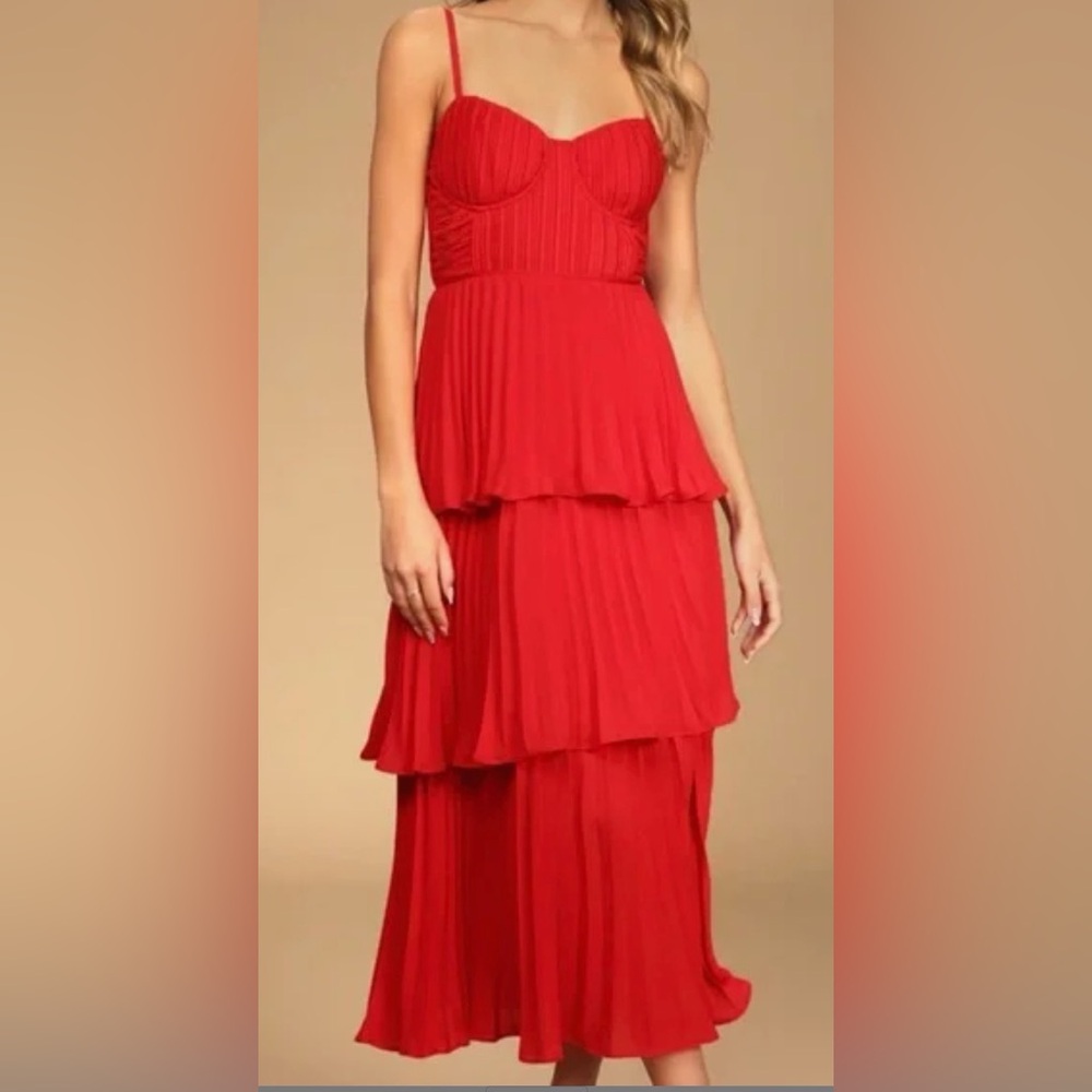Lulus Cascading Crush Red Tiered Bustier Chiffon Midi Dresss